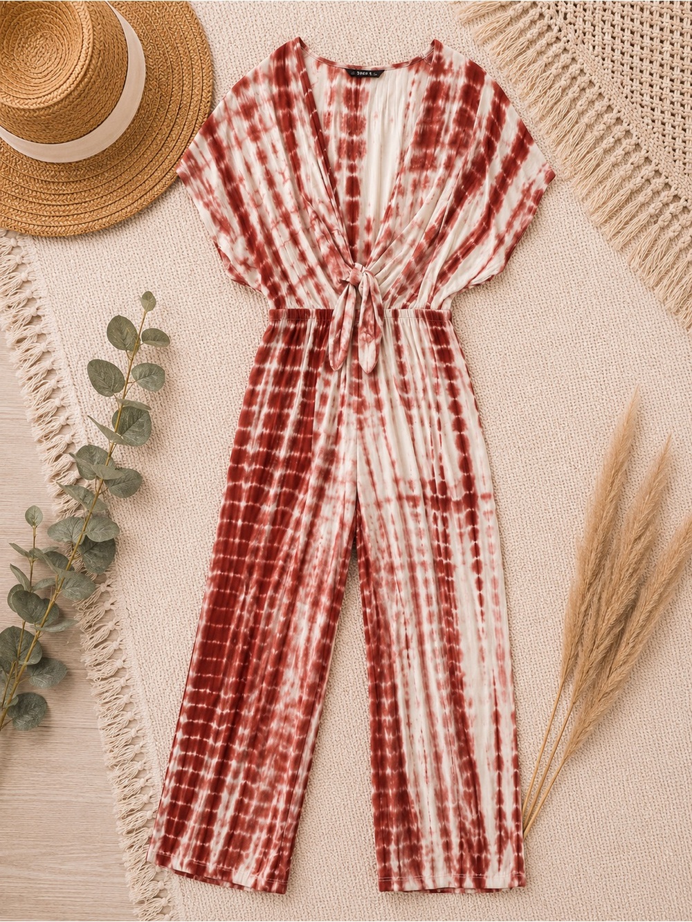 Rust and Cream Tie-Dye Waist-Tie Jumpsuit